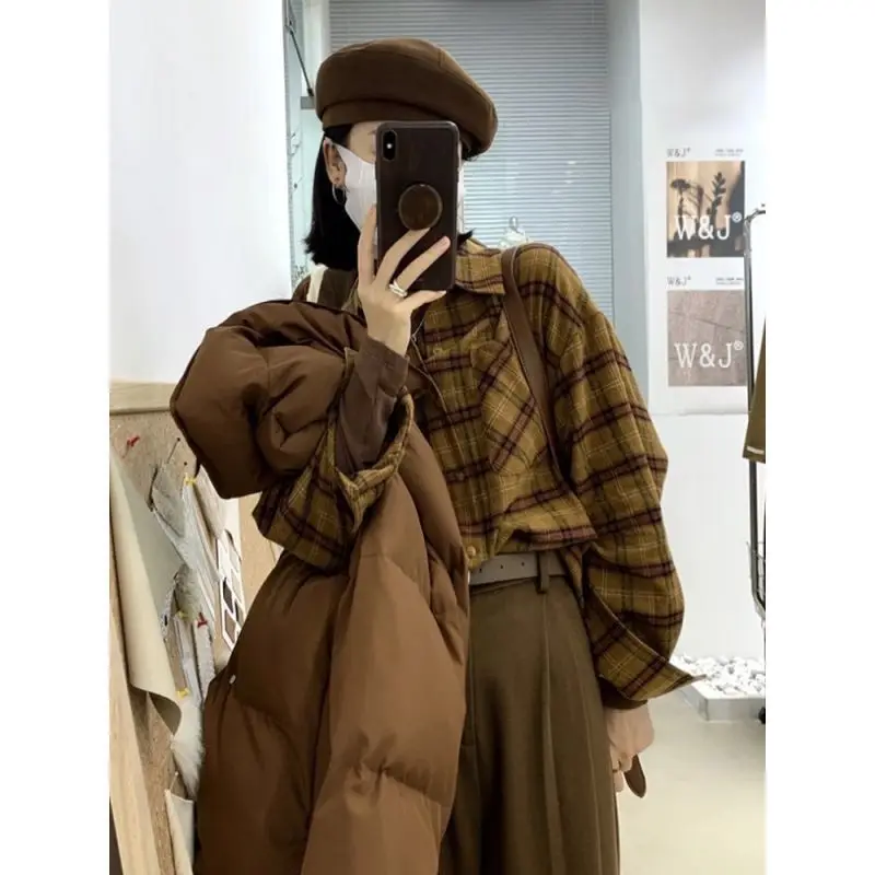 Korean Plaid Loose Blouse Spring Autumn New Polo Neck Long Sleeve Print Youth Trend Shirt Tops Fashion Casual Women Clothing