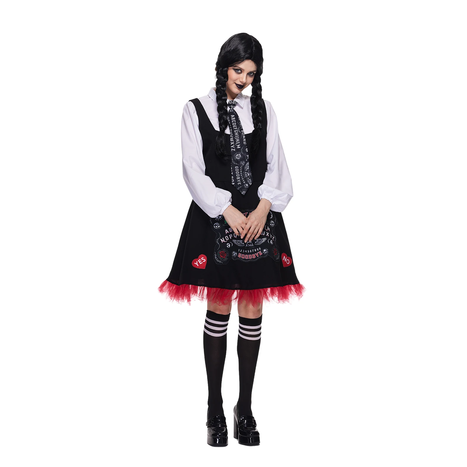 EraSpooky Women's Spirit Board Costume Adult Spooky Ouija Board Schoolgirl Dress with Shirt, Tie and Stockings