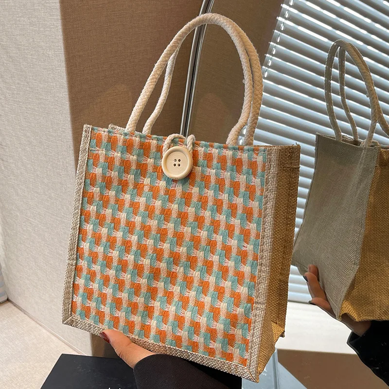 

Women Linen Handbag Portable Burlap Tote Bag Jute Woven Crossbody Bag Gift Bag Daily Handbag