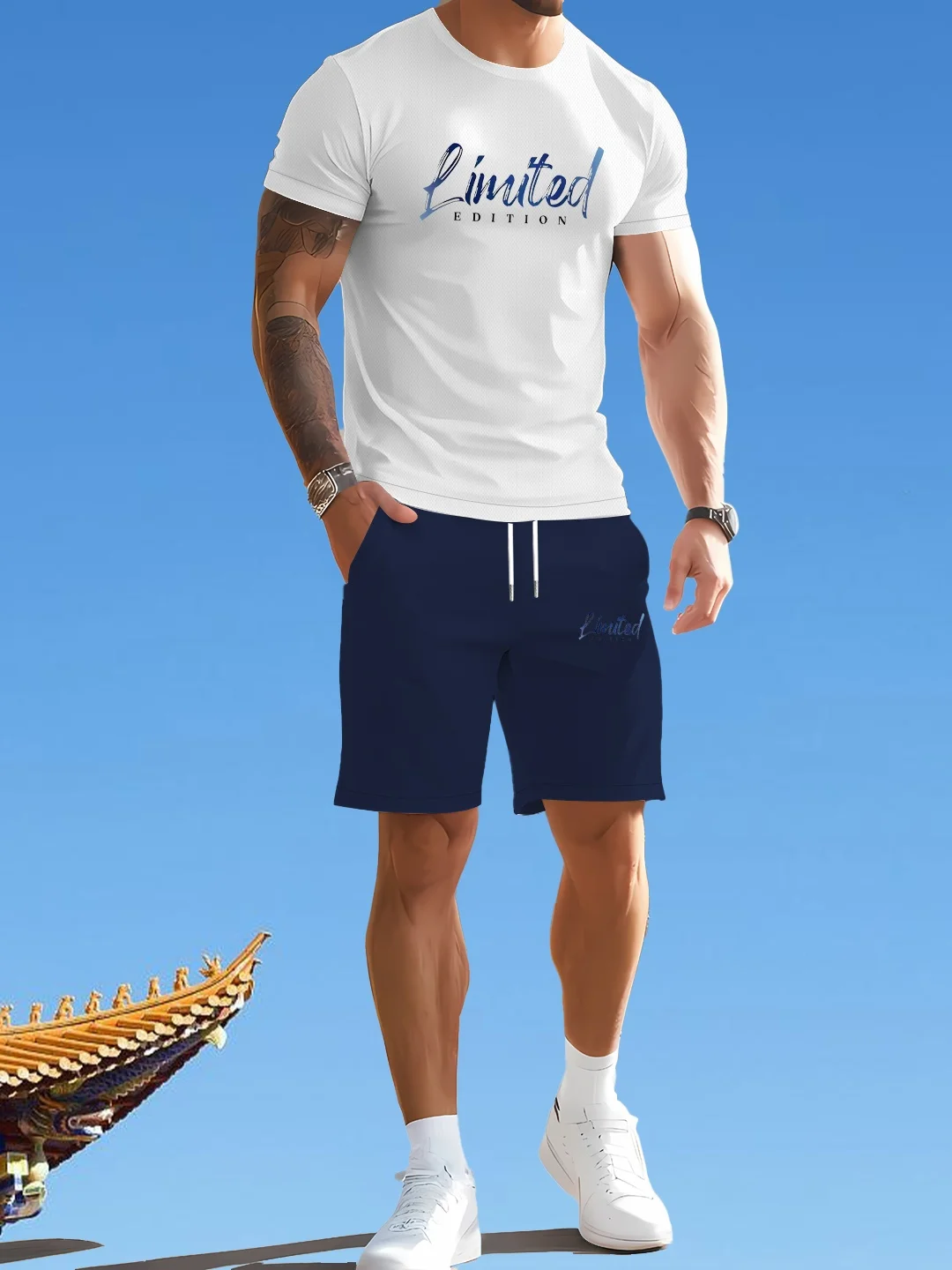

Summer short sleeved men's T-shirt set, printed design, comfortable round neck sports and leisure two-piece set