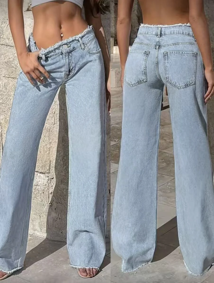 Light Blue Raw-Hem Straight-Leg Jeans for Women, High-Waisted Relaxed-Fit Full-Length Trousers with Raw Hem