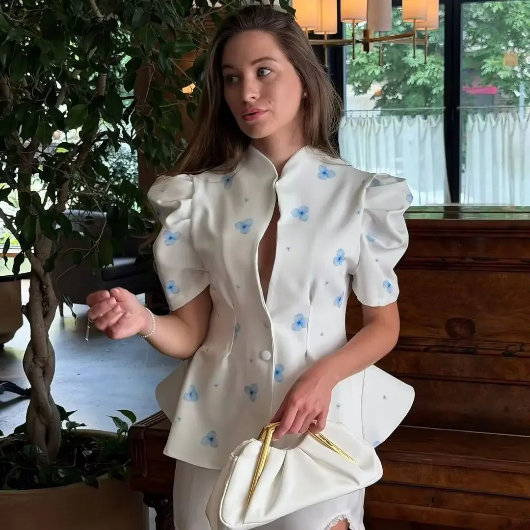 Print Women's Top Puff Sleeve Blazer Waist Cinched Pleated Short Sleeve Top Daily Fashion Wear Date Commute Outfit 2026 Style