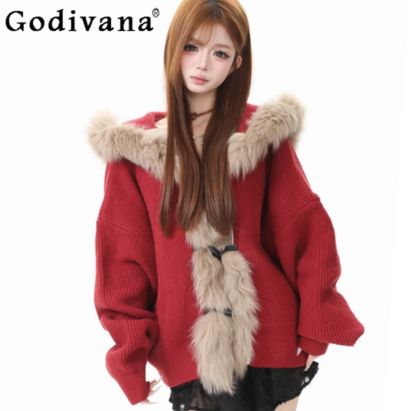 เสื้อสเวตเตอร์มีฮู้ดแต่งขนเฟอร์ขนาดใหญ่สำหรับผู้หญิง ฤดูใบไม้ร่วง ฤดูหนาว สไตล์ญี่ปุ่น เสื้อคลุมคาร์ดิแกนสุดหรู สีแดง โลลิต้า เสื้อแจ็คเก็ตถัก