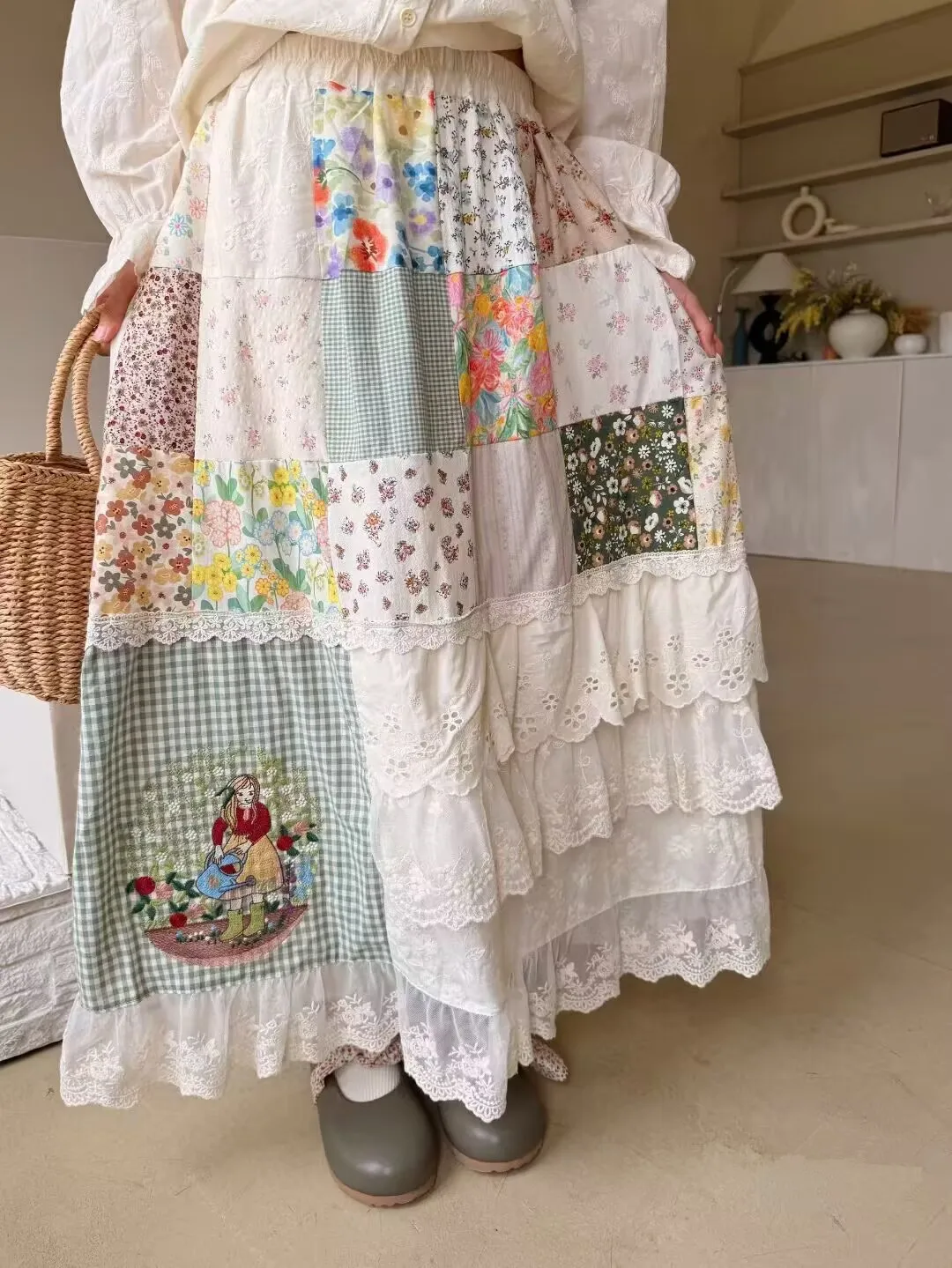 

Spring Autumn Vintage Patchwork Cotton Long Skirt Japanese Kawaii Embroidery Casual High Waist Loose A-Line Skirt Faldas Mujer