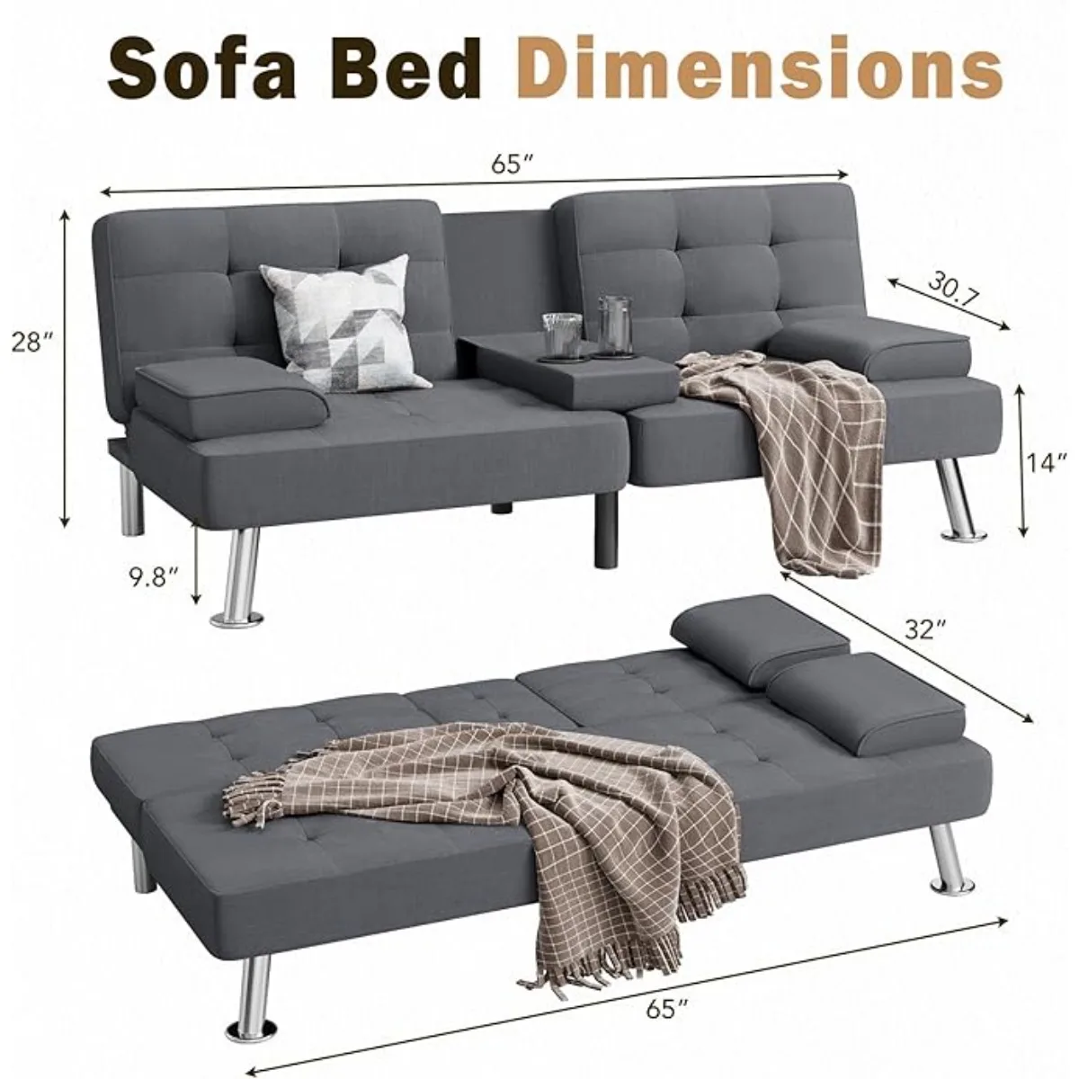 Modern Linen Upholstered Convertible Folding Futon Sofa Bed with Removable Armrests, Metal Legs, 2 Cup Holders, Dark Grey