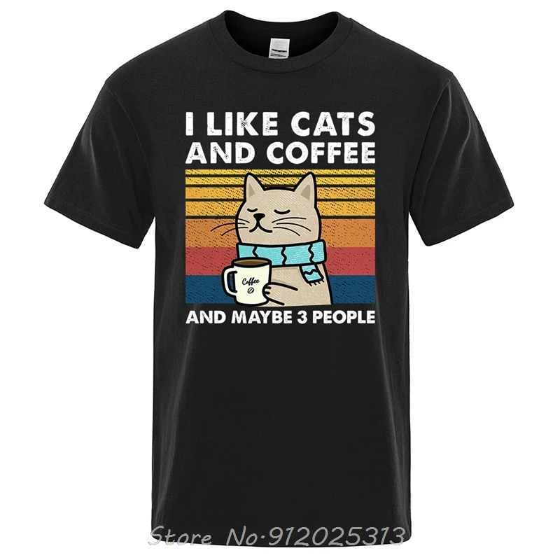 I Like Cats And Coffee Street Funny T-Shirt For Men Fashion Casual Cotton Tshirt Hip Hop Tees Unisex O-Neck Tshirt