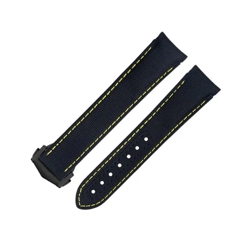 PCAVO 20mm Curved End Watch Band For Omega Strap AT150 Seamaster 300 Planet Ocean De Ville Speedmaster Black Yellow Line High