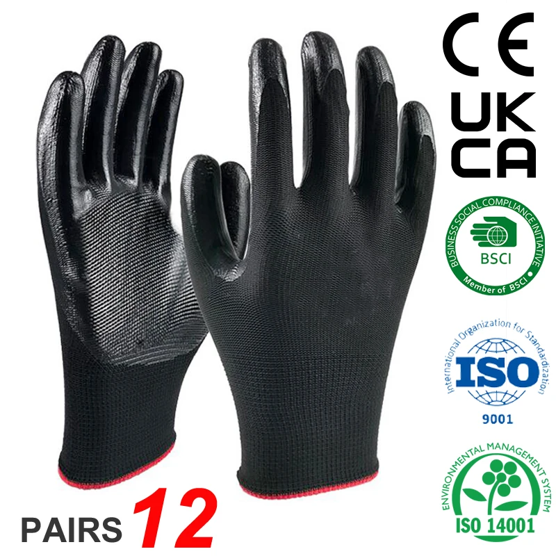 

24 шт./12 пар вязаных нейлоновых рабочих перчаток с нитриловым покрытием, защитная строительная безопасная спецодежда для прочного захвата и комфорта