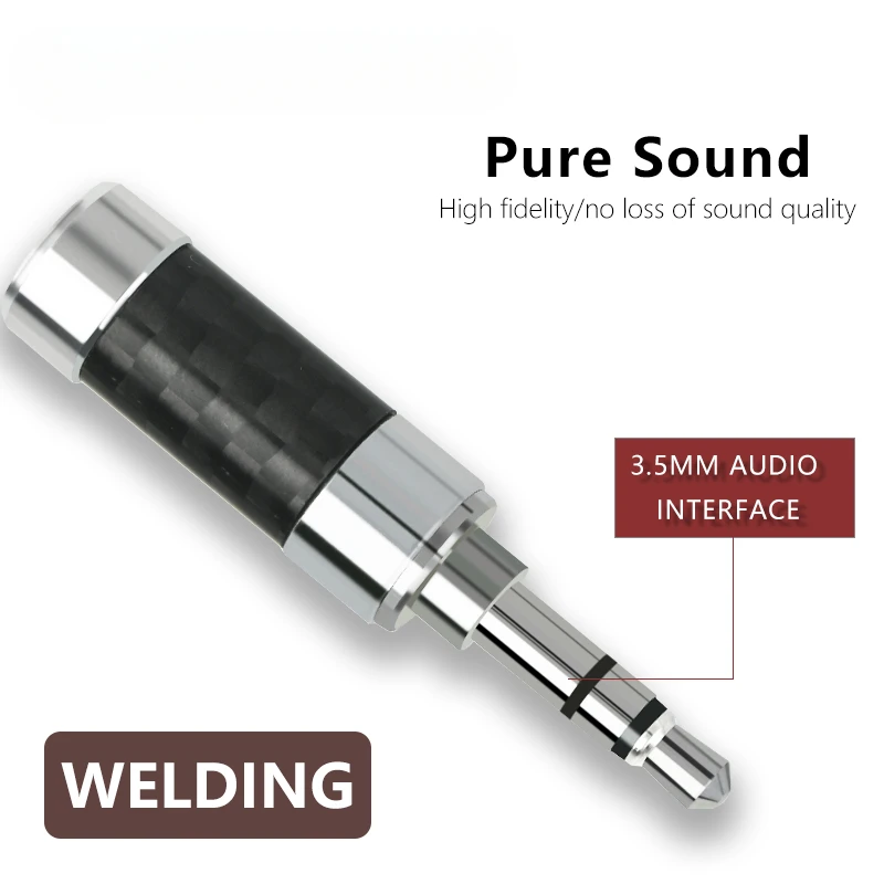 Conector de cable de soldadura auxiliar para auriculares, conector macho de Audio estéreo de fibra de carbono y cobre de 3,5mm, chapado en rodio, 2 piezas