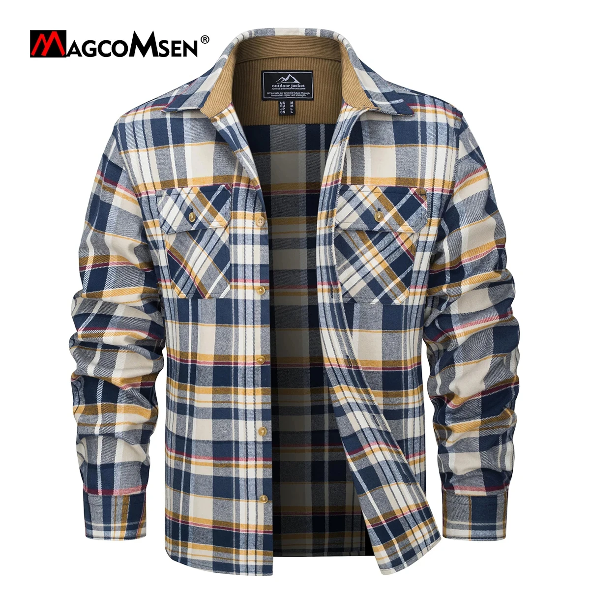 MAGCOMSEN Flannel Shirts Men's Long Sleeves Cotton Long Sleeve Plaid Shirt with 2 Pockets Button Down Casual Corduroy Shirt Male