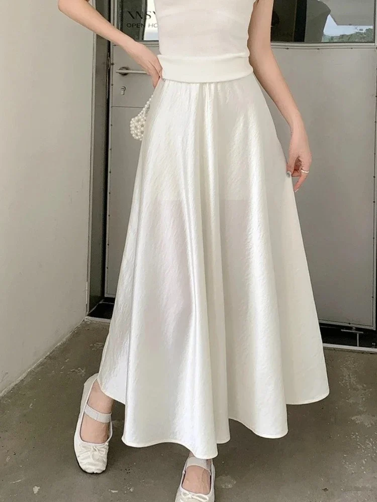 Summer Satin Long Skirt for Women Elegant A-line High Waist Black Korean Style Fashion Temperament 2026