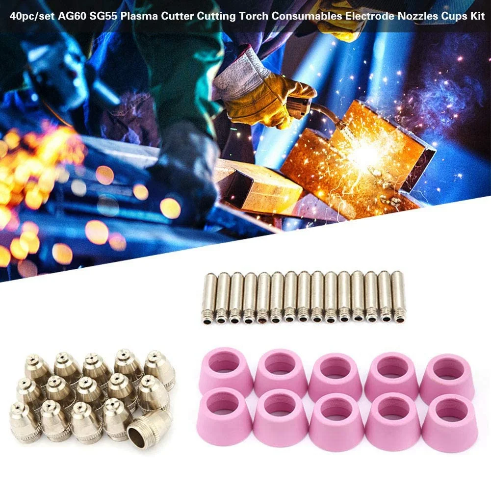 40 Pcs/Set of Plasma Cutting Machine Kit Electrode Nozzle Protective Cover Kit Suitable for AG60 SG55 Torch Accessories