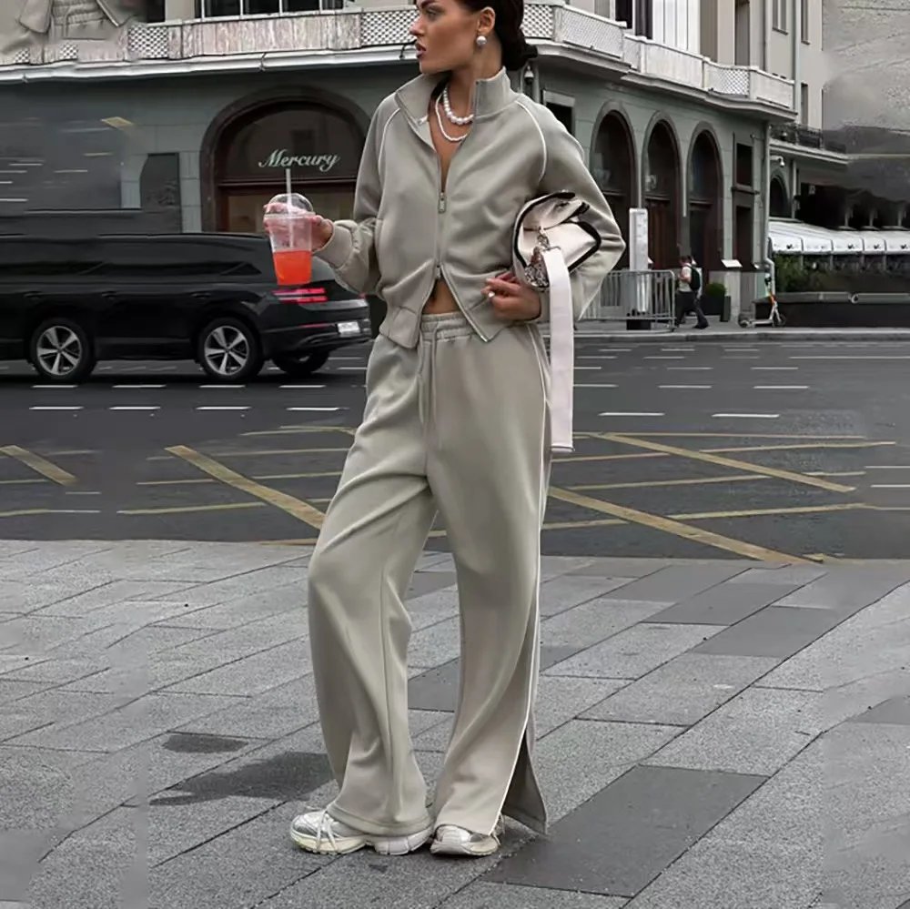 

springand Autumn New Product Double-ended Zipper Contrasting Sports Suit Spice Girl Street Fashion Side Split Straight Pants Sui