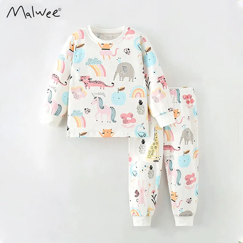 

Malwee solid color animal cartoon pattern cotton long sleeve childrens sets pure cute versatile Y2K slim comfortable daby pajama