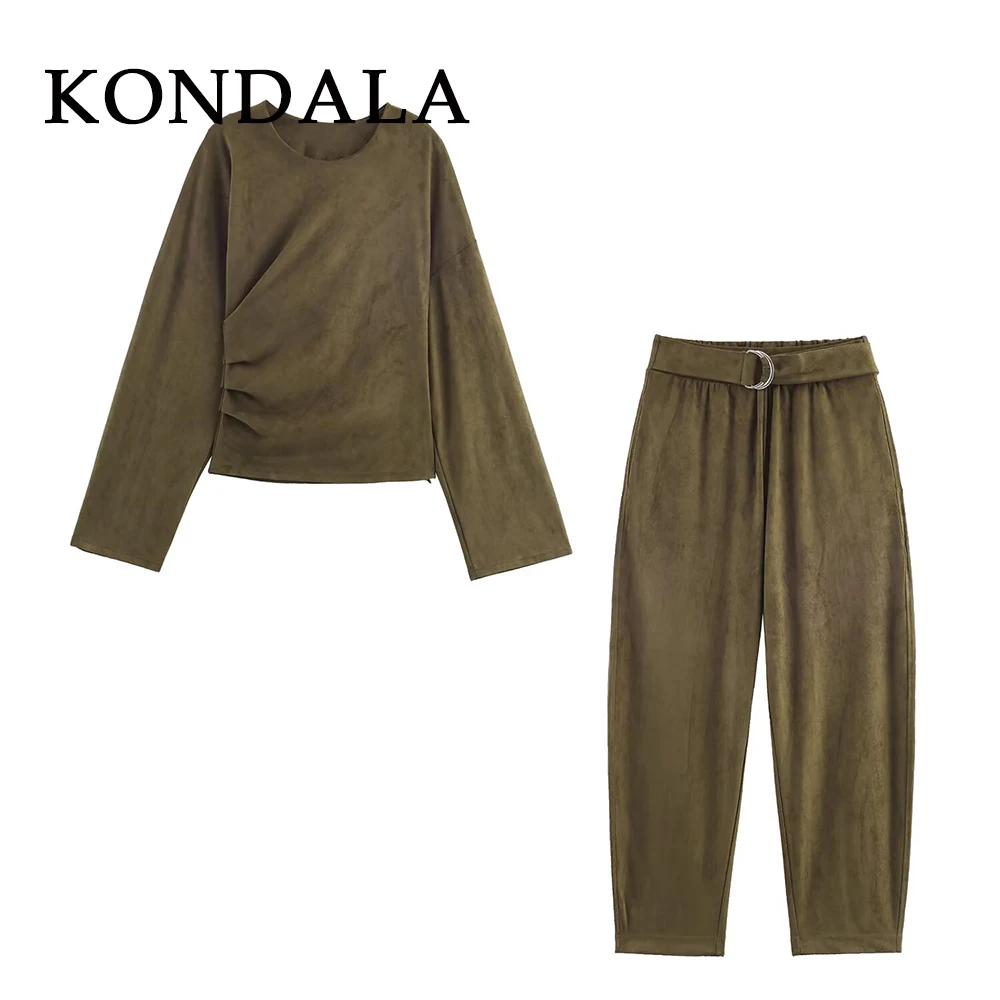 

KONDALA шикарный армейский зеленый женский повседневный костюм асимметричный свитер + пояс с карманами длинные брюки-комбинезон мода 2025 элегантный женский комплект