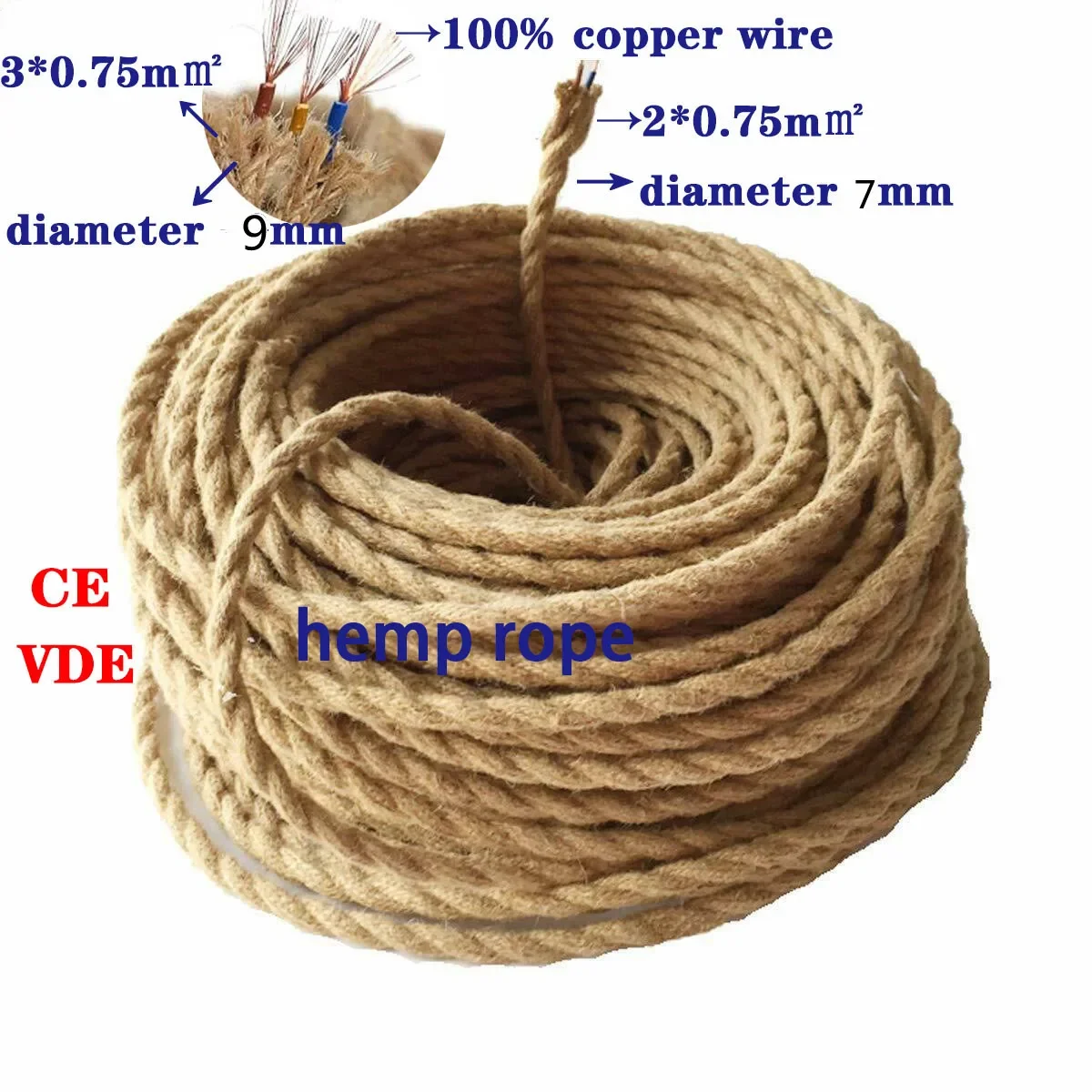 2 Core 3 Core Twisted Cable Hemp Rope Electrical Wire Retro Style Copper Vintage Lamp Cord Woven Textile Wire Pendant Light Cord