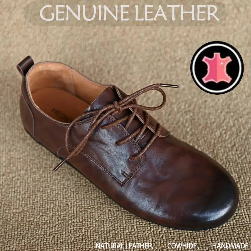 Women's cow leather lace-up flats oxfords round toe retro Genuine Leather high quality soft comfortable four season daily shoes