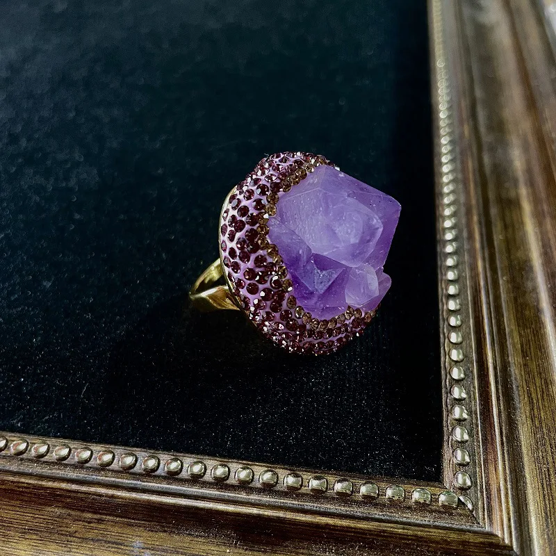Vintage Natural Amethyst Ring Raw Crystal Stone Adjustable Size for Women Gold Plated Retro Jewelry Suitable for Index Finger image 3