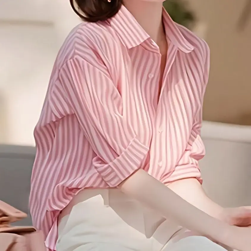 

French-designed High-end Pink Temperament Long-sleeved Striped Shirt Lantern Blouse New Style