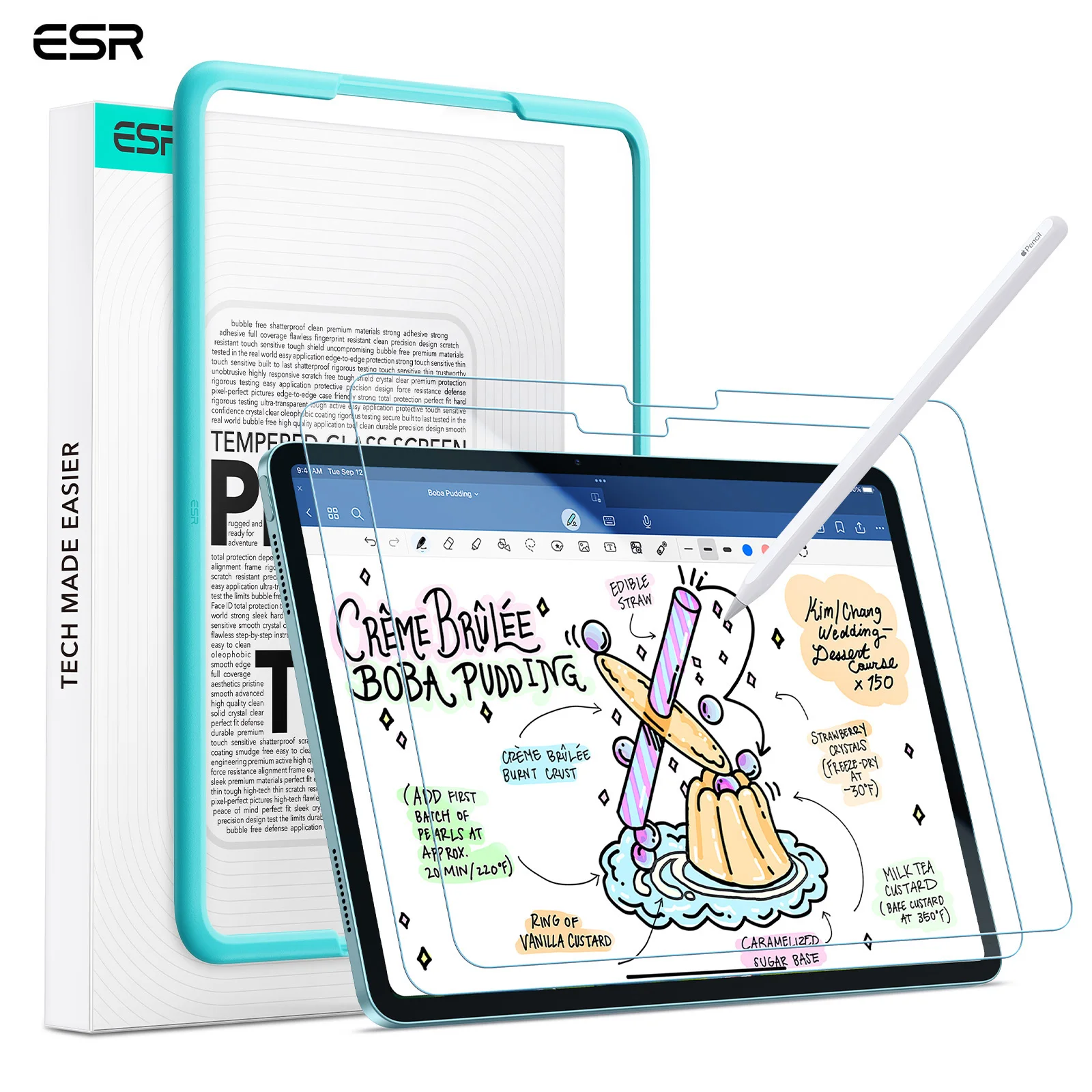 ESR-Displayschutzfolie für iPad 11/10 (2025/2022) Pro 11/12,9 (2018–2022) gehärtete Glasfolie mit Rahmen für Mini 7/6 Air 5/4