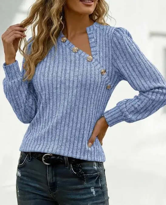

Autumn Asymmetrical V-Neck Pit Stripe Knitted Top for Women, Fashionable and Casual Versatile Button Decoration Long Sleeved Top