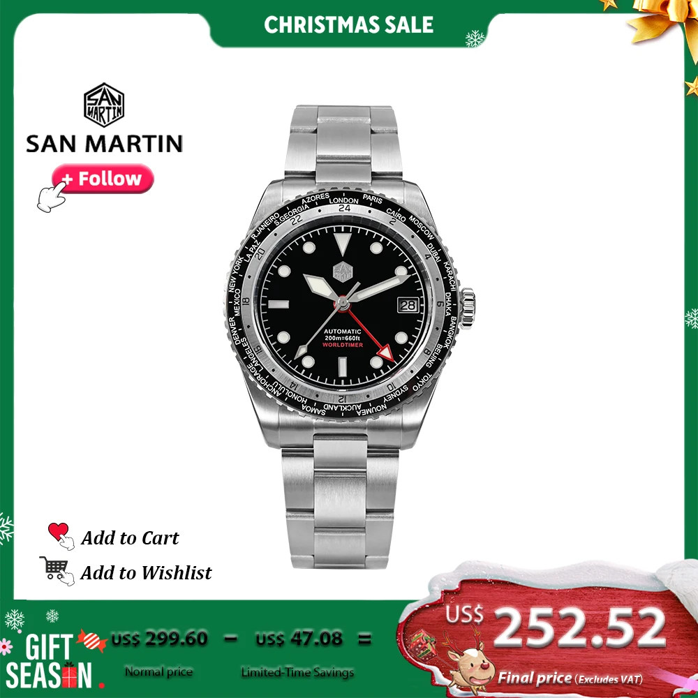

San Martin Design GMT Men Watch 38mm World Timer Waterproof NH34 Automatic Mechanical Wristwatch 20Bar Sapphire Glass SN0112