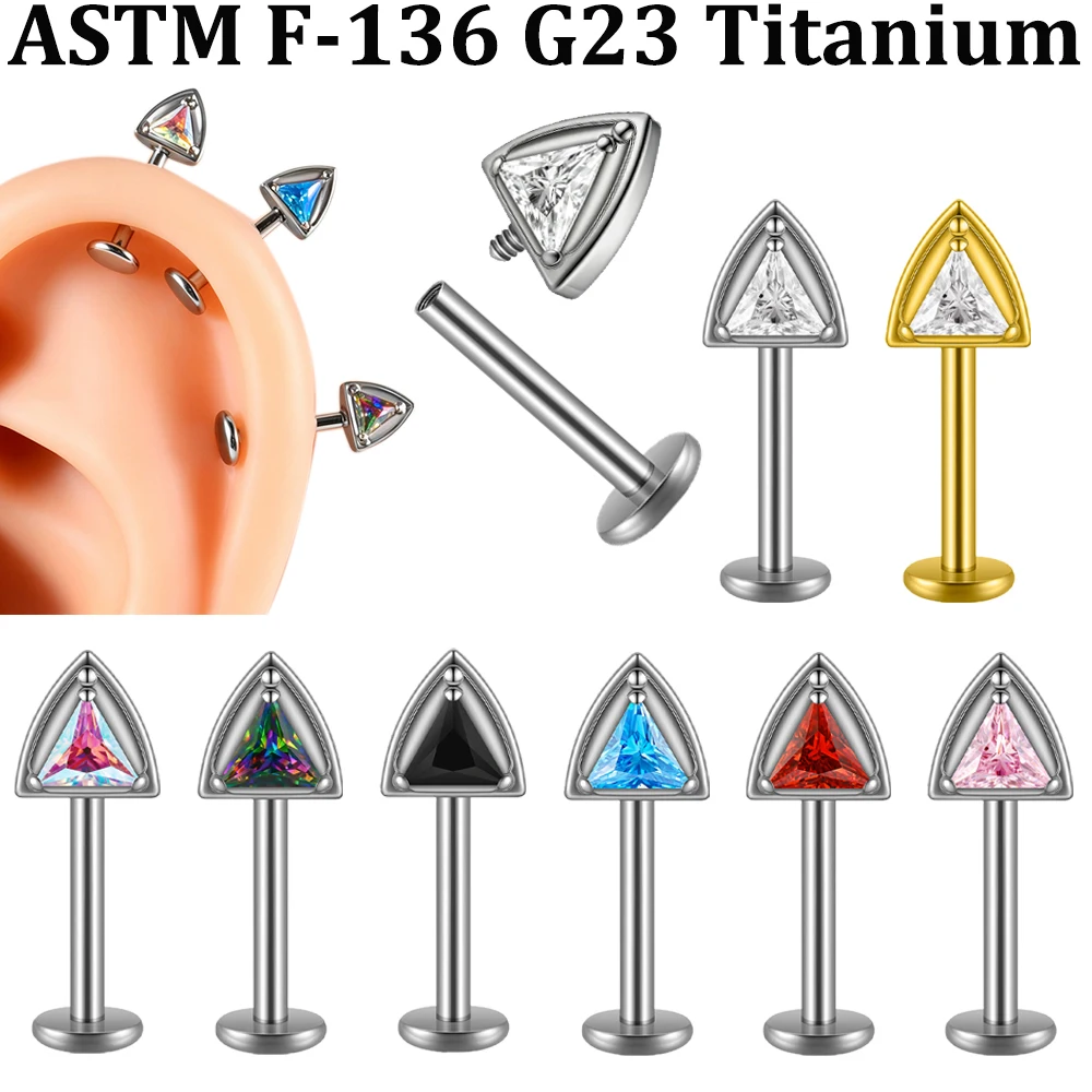1/8PCS F-136 Implant Titanium Different Color Zirconia Triangle Cat Ear Lip Nose Ear Tragus Earring Cute Shiny Rook Helix Stud