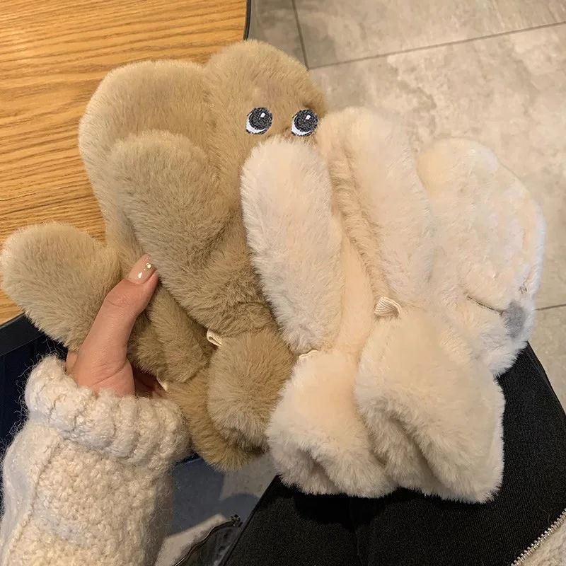 

Cute Rabbit Fur Knit Mittens Plush Fingerless Gloves Flip Half Finger Driving Glove Winter Soft Warm Thick Gloves for Women Girl