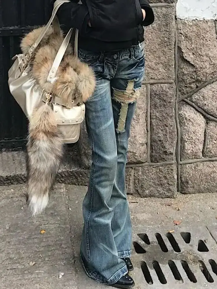 Retro cross ripped design sense jeans spicy girl spring double layered pocket fashionable high street slim fit flared pants