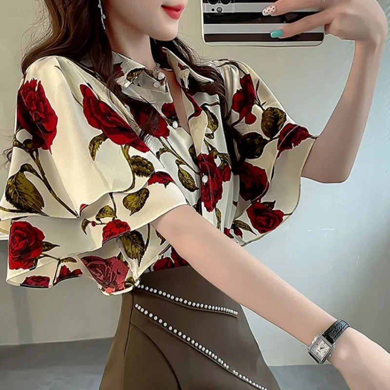 Ruffled Floral Shirt Top for Women\'s New Short Sleeve Polo Neck Loose Printing Elegant Blouse Vintage Fashion Women Clothing