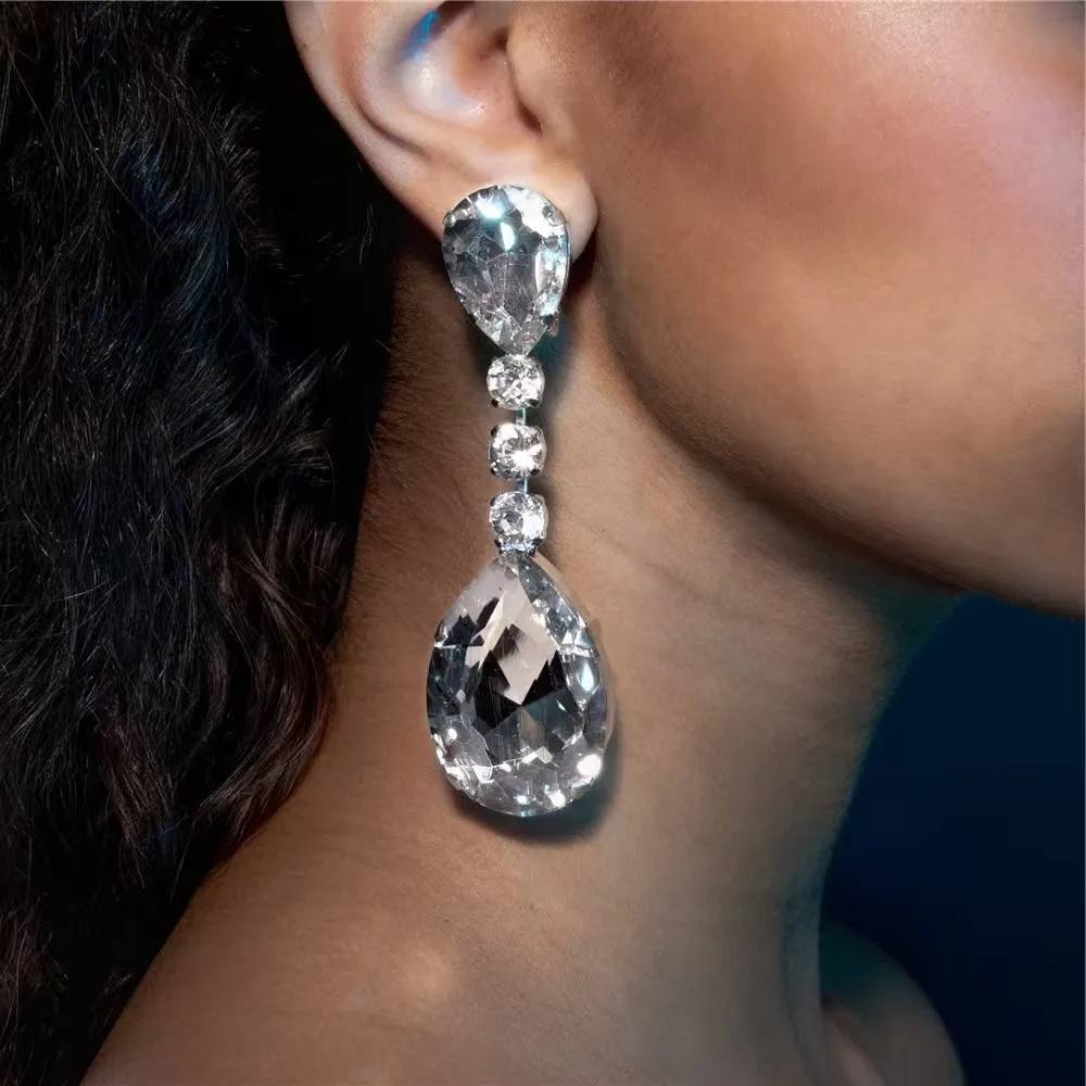 Explosive Fashion Water Drop Elegant Pendant Earrings, Bridal Wedding Sparkling Water Diamond Gem Earnail Accessories