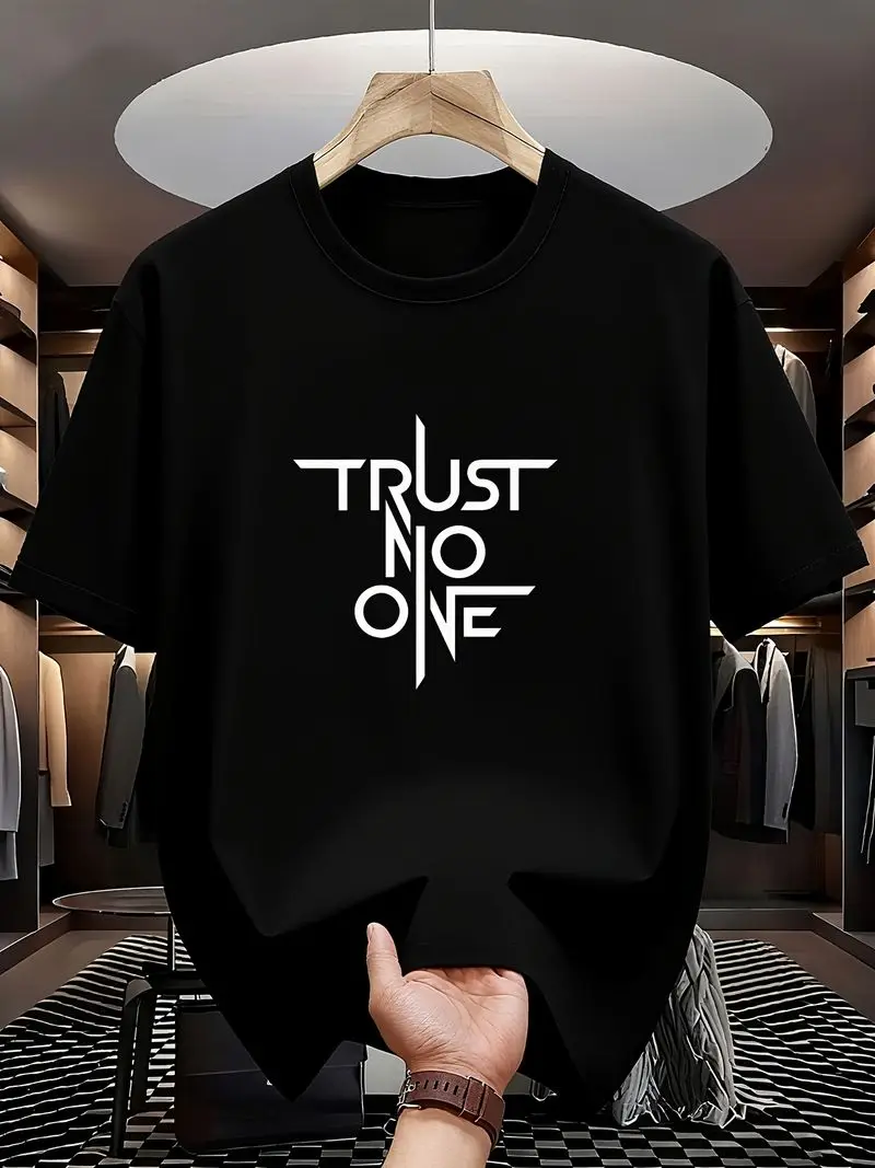 Trust No One Skeptic Graphic Tee Paranoid Bold Distrust Motif Edgy Statement Top Retro Casual Short Sleeve Round Neck Outdoor