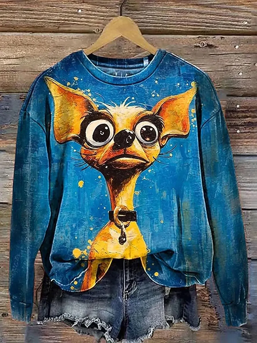 2025 المرأة الحيوان الكلب الجرافيك بلوزات ثلاثية الأبعاد يطبع س الرقبة طويلة الأكمام تي شيرت ملابس نسائية Y2K الشارع الشهير الخريف البلوز #6