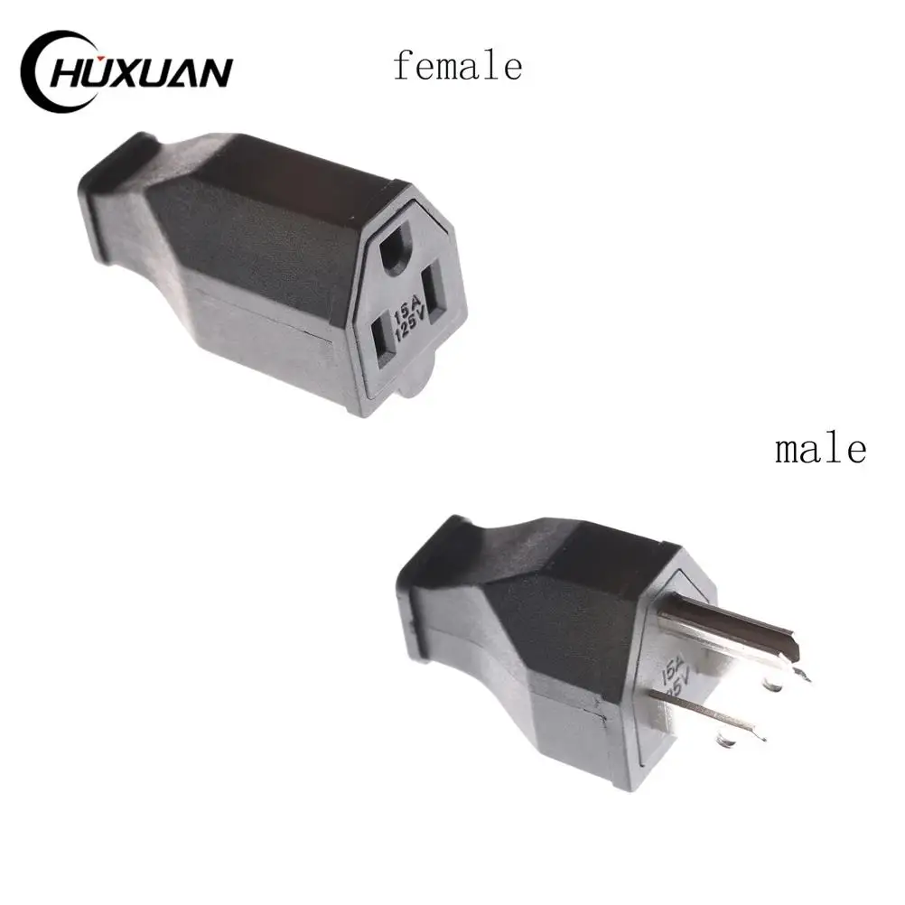 1PC 3 Pin Male Female Power Cord Connector US Plug Converter AC 125V 15A High Performance Black Insertion Force 5~30N