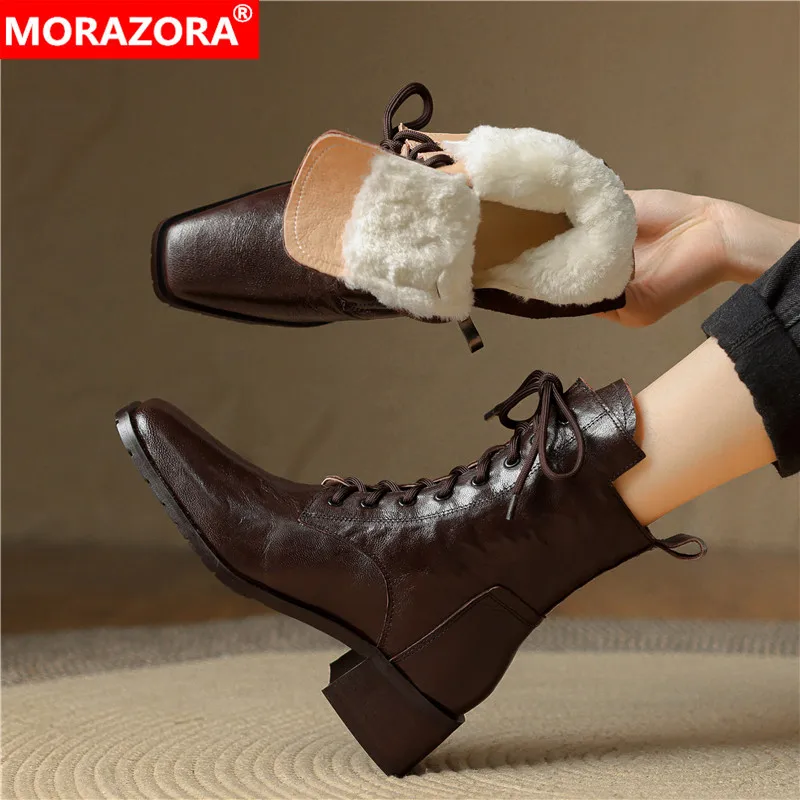 

MORAZORA 2026 New Genuine Leather Boots Women Lace Up Zipper Chunky High Heels Ankle Boots Wool Warm Winter Snow Boots