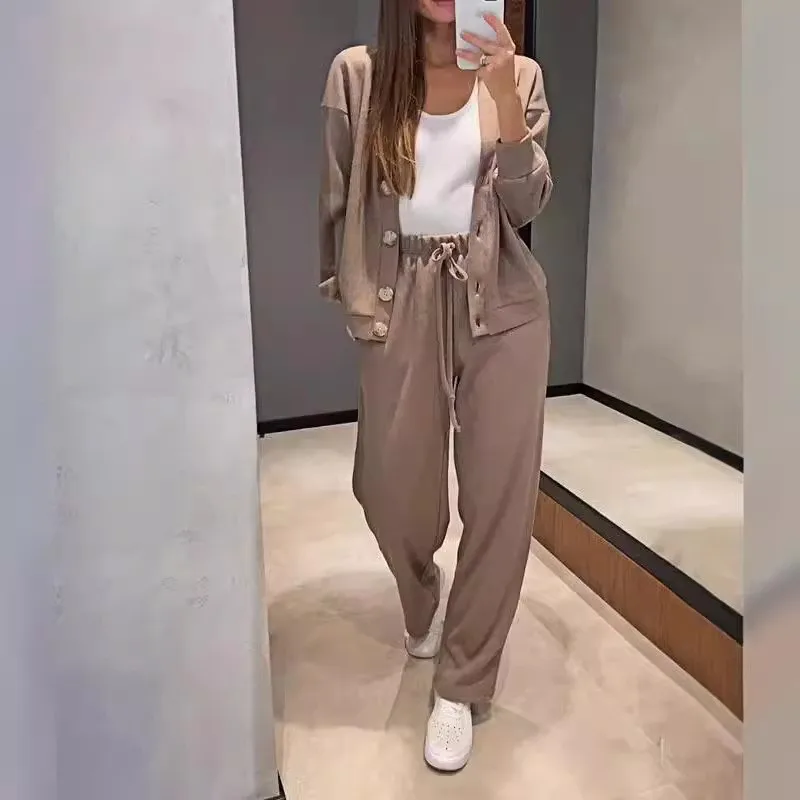 Autumn New Comfortable Casual Sweater Women\'s Suit Solid V-neck Long-sleeved Cardigan Top Jacket Lace-up Sweatpants Fashion Suit