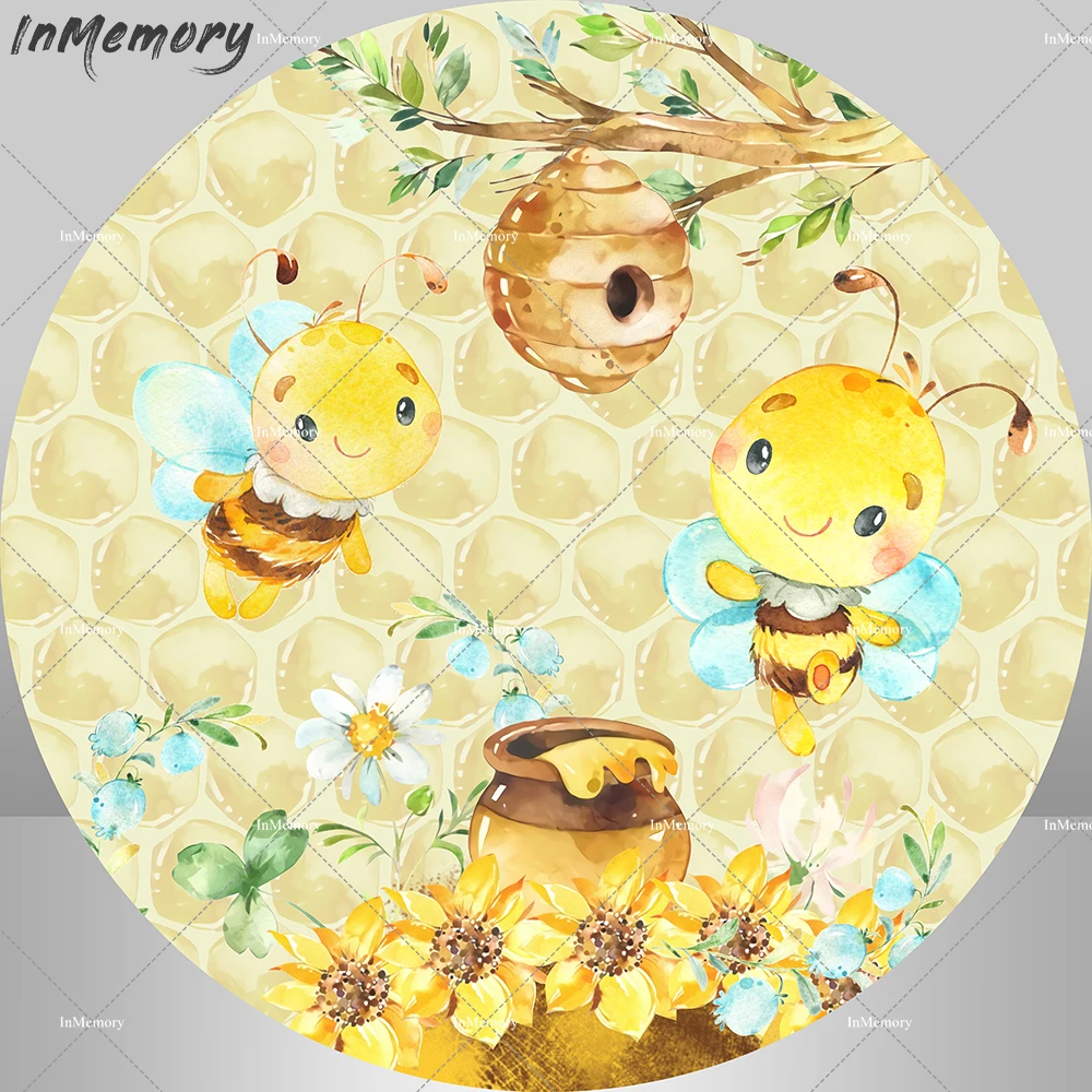 

Newborn Baby Shower Round Backdrop Cover Custom Honey Bee Birthday Party Circle Background Photobooth Banner