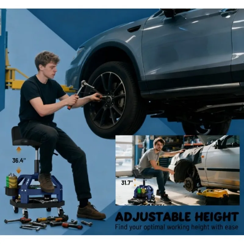 Sgabello da garage Rolling Creeper Vassoio per attrezzi regolabile in altezza Sgabello meccanico ad alta capacità con ruote girevoli
