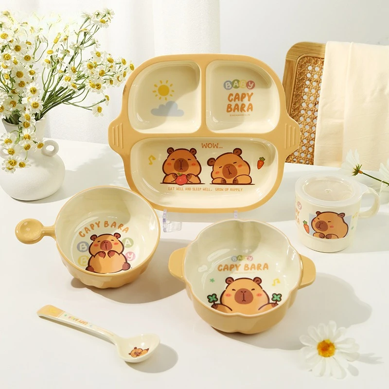 

WUHE 5PCS Dinnerware Set, Cartoon Tableware, Dishes Food Plate Bowl Cup Spoon Fork Set Dishware, Dishwasher Safe Healthy