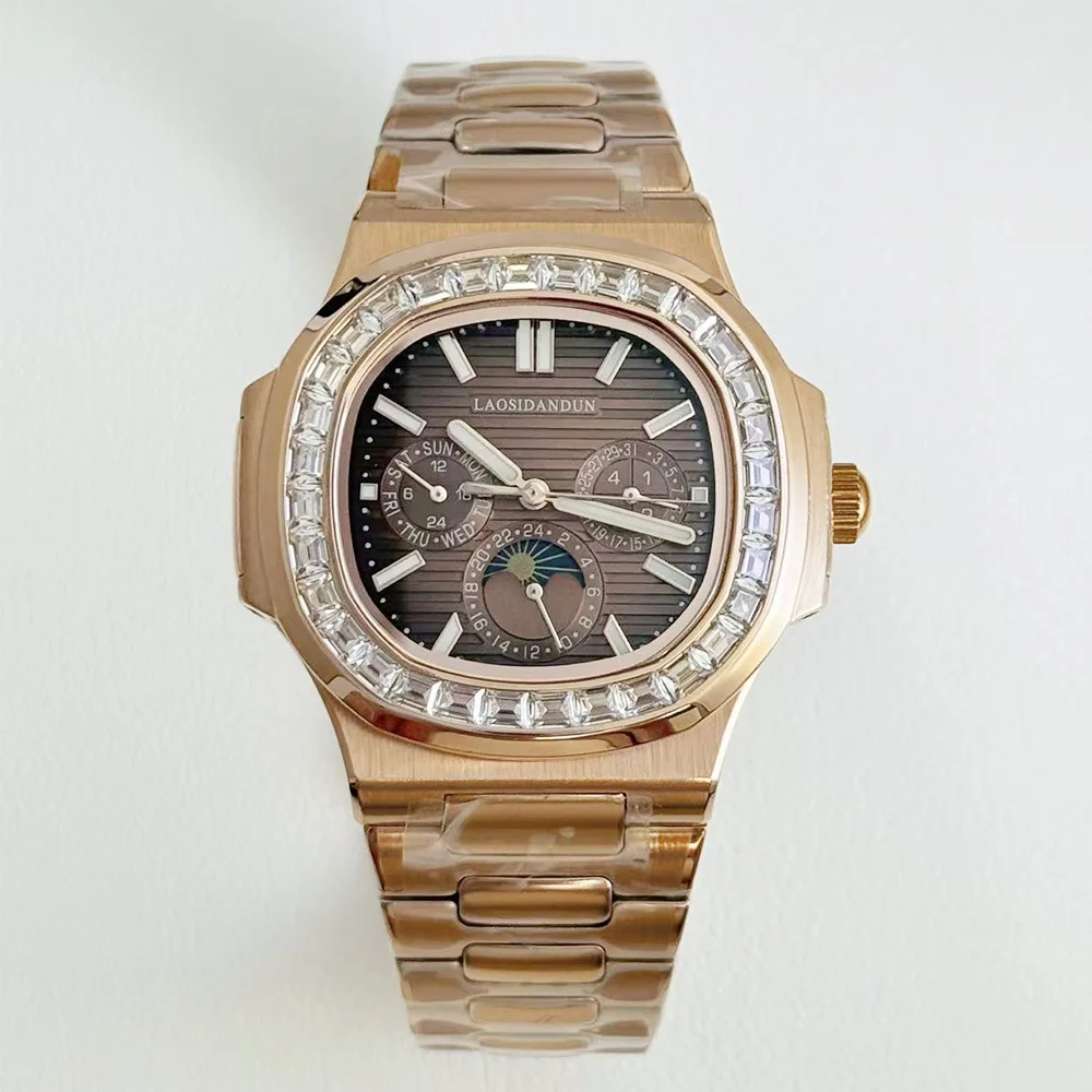 2025 حركة أوتوماتيكية صينية جديدة من الذهب الوردي للغوص متعددة الوظائف صورة الشمس والقمر ساعة ميكانيكية مربعة للرجال