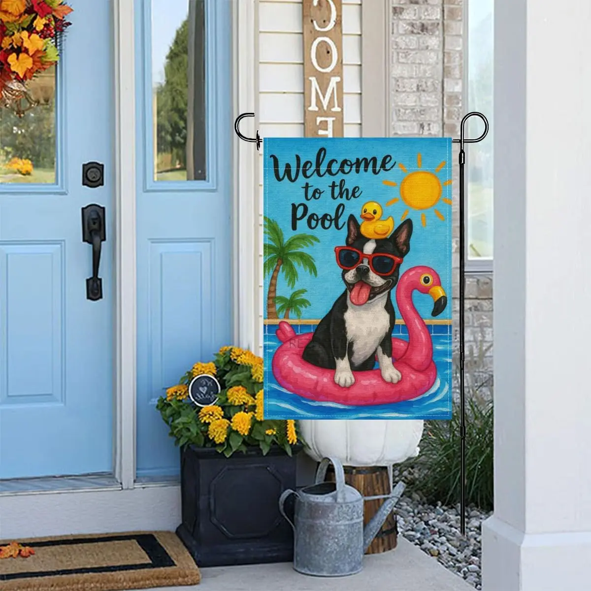 Welcome to Our Pool Boston Terrier Garden Flags 12x18 Inch for Outside Summer Flamingo Swimming Ring House Flag Double Sided GGX