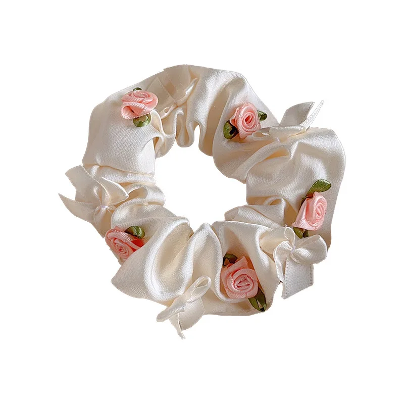 New Rose Flower Scrunchies White Satin Hair Bands Simple Elastic Head Bands Ponytail Holder Wedding Hair Ropes For Women Girls