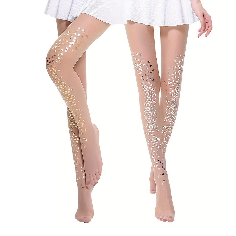 Medias ultrafinas de verano, medias con estampado de tatuaje de lentejuelas y escamas de sirena, pantimedias desnudas brillantes resistentes a enganches, ropa de noche para fiesta y Cosplay