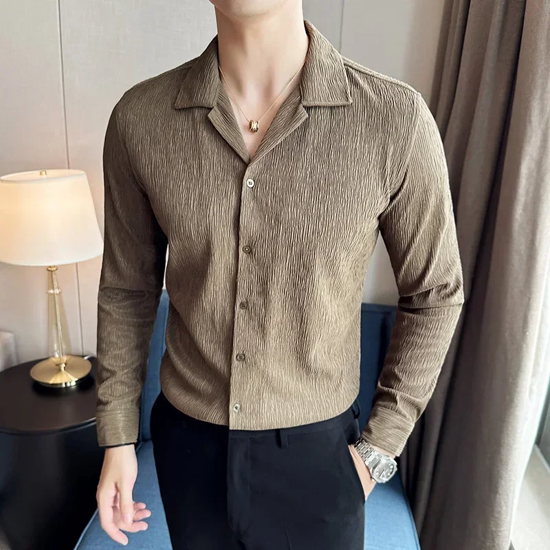 

Men Shirts 2023 Autumn New Long Sleeved V-neck Slim Fit Camisas Solid Casual Top Formal Dress Shirt Korean Fashion Men Clothing
