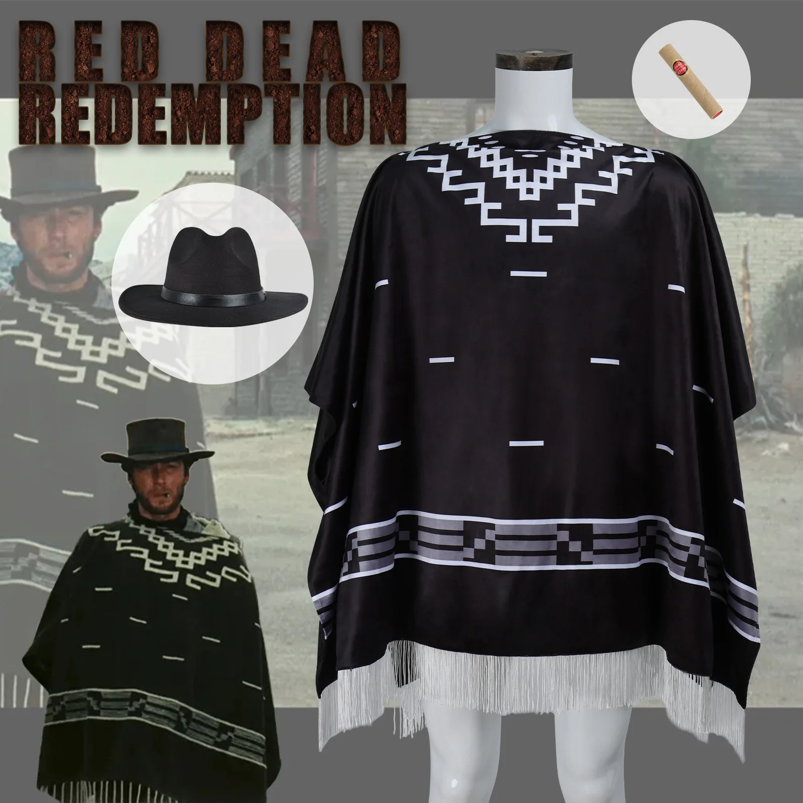 Película Cosplay Clint Eastwood Poncho vaquero Serape patrón azteca hombres negro chal con flecos capa sombrero disfraz de fiesta de Halloween