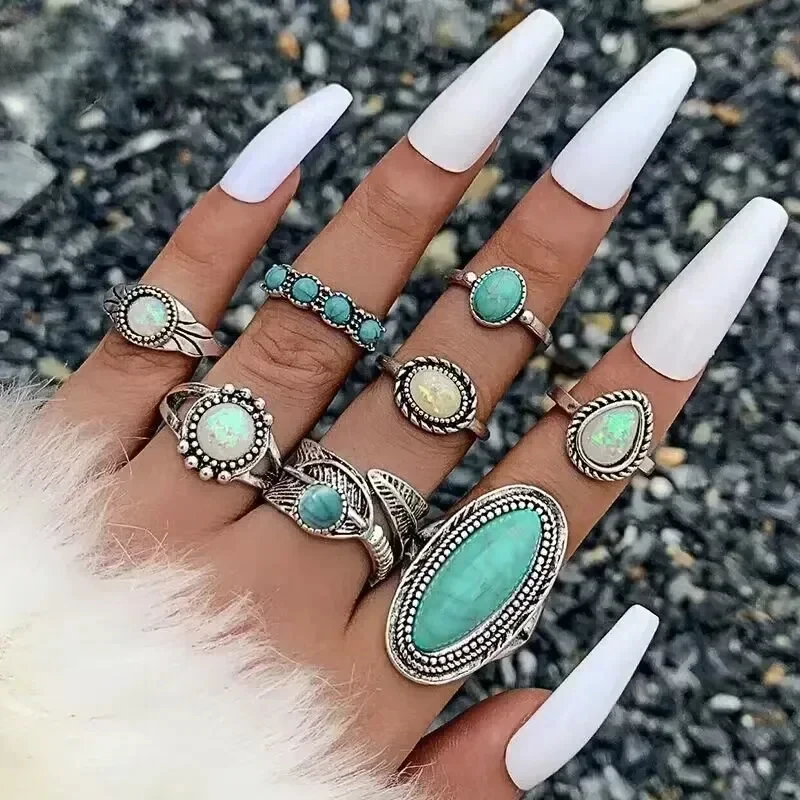 8 PCS Bohemian Women's Ring Set Silver Color Vintage Turquoise anillos mujer Anniversary Birthday Fashion Friendship Gift