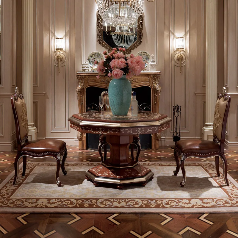 Dining table and chair combination European solid wood eight square table parquet round table furniture
