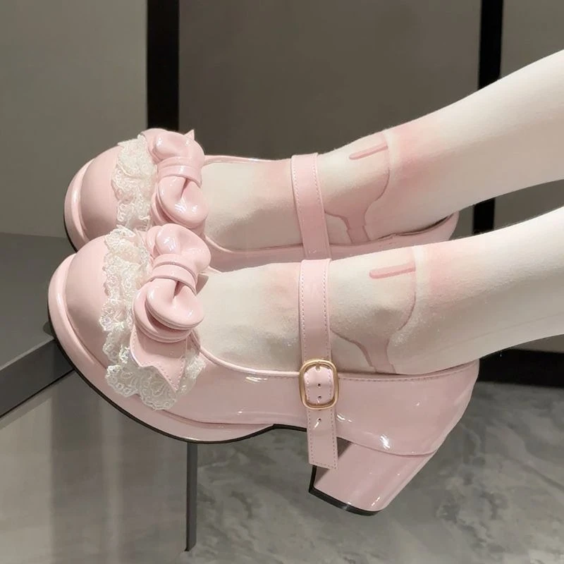 Japanese Sweet Lolita Style Low Heel Women Cute Lace Bow Round Head Patent Leather Metal Button Mary Jane Shoes Y2k Party Pumps