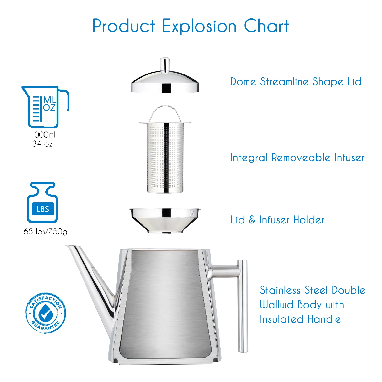 Easyworkz Stainless Steel Tea Pot with Removable Tea Infuser, Perfect for Brewing Your Favorite Tea, Chrome