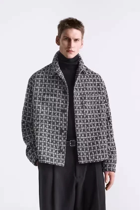Winter New Men's Long Sleeve Coat Button Closure Patch Pocket Plaid Texture Stand Collar Jacket Trendy 2026 Spring Loose Fit